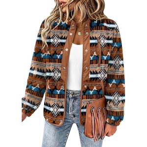 Zeagoo Women Fleece Jacket Western Aztec Print Snap Button Down Outerwear(Dark Brown)