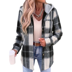 Zeagoo Women Plaid Shacket Fleece Hooded Winter Coat Warm Jackets(Black)