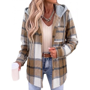 Zeagoo Women Plaid Shacket Fleece Hooded Winter Coat Warm Jackets(Khaki)