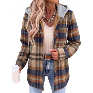 Zeagoo Women Plaid Shacket Fleece Hooded Winter Coat Warm Jackets(Light French Beige)
