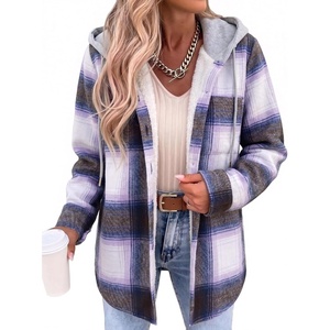 Zeagoo Women Plaid Shacket Fleece Hooded Winter Coat Warm Jackets(Purple)