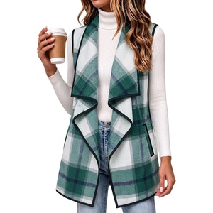 Zeagoo Women Vest Long Plaid Jackets Sleeveless Flannel Coats with Pockets(Green-gz541)