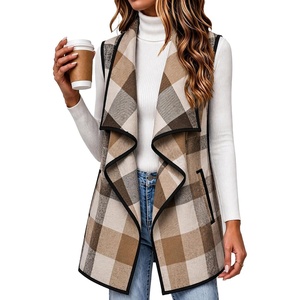 Zeagoo Women Vest Long Plaid Jackets Sleeveless Flannel Coats with Pockets(Khaki-gz798)