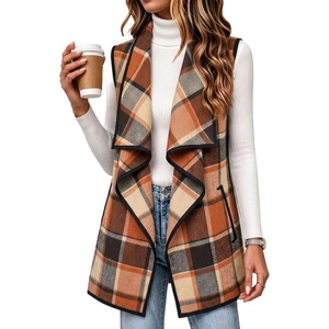 Zeagoo Women Vest Long Plaid Jackets Sleeveless Flannel Coats with Pockets(Orange-gz526)