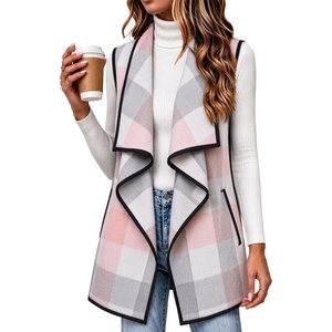 Zeagoo Women Vest Long Plaid Jackets Sleeveless Flannel Coats with Pockets(Pink-gz799)