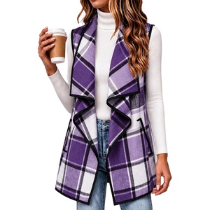 Zeagoo Women Vest Long Plaid Jackets Sleeveless Flannel Coats with Pockets(Purple-gz663)