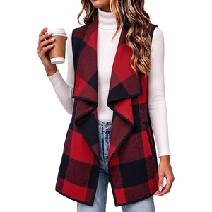 Zeagoo Women Vest Long Plaid Jackets Sleeveless Flannel Coats with Pockets(Red-gw554)