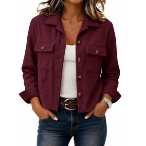 Zeagoo Womens Fashion Cropped Jacket Corduroy Button Down Long Sleeve Coats(Burgundy)