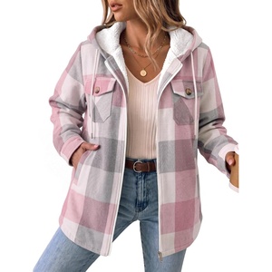 Zeagoo Womens Flannel Jacket Plaid Fleece Lined Shacket Hooded Winter Coats(2-pink Gz695)