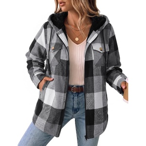 Zeagoo Womens Flannel Jacket Plaid Fleece Lined Shacket Hooded Winter Coats(Black Gw39)