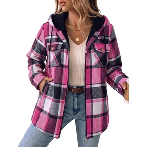 Zeagoo Womens Flannel Jacket Plaid Fleece Lined Shacket Hooded Winter Coats(Hot Pink Gz553)