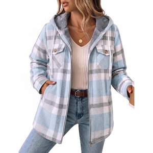 Zeagoo Womens Flannel Jacket Plaid Fleece Lined Shacket Hooded Winter Coats(Light Blue Gw570)