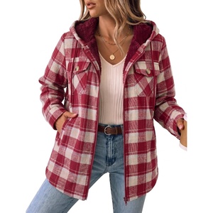 Zeagoo Womens Flannel Jacket Plaid Fleece Lined Shacket Hooded Winter Coats(Red Gz851)
