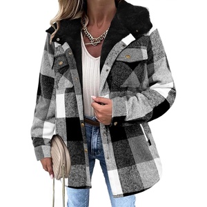 Zeagoo Womens Flannel Plaid Jacket Fleece Lined Shacket Hooded Warm Coat(Grey Black)