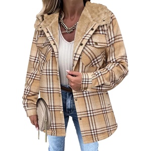 Zeagoo Womens Flannel Plaid Jacket Fleece Lined Shacket Hooded Warm Coat(Khaki)