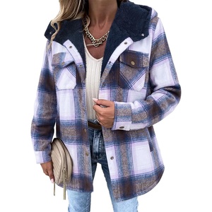 Zeagoo Womens Flannel Plaid Jacket Fleece Lined Shacket Hooded Warm Coat(Purple-gw579)