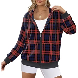 Zeagoo Women’s Lightweight Hoodies Full Zip Up Oversized Sweatshirt Trendy(Black Red Plaid)