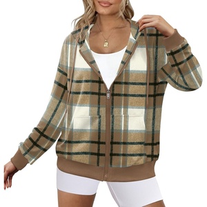 Zeagoo Women’s Lightweight Hoodies Full Zip Up Oversized Sweatshirt Trendy(Khaki Plaid)