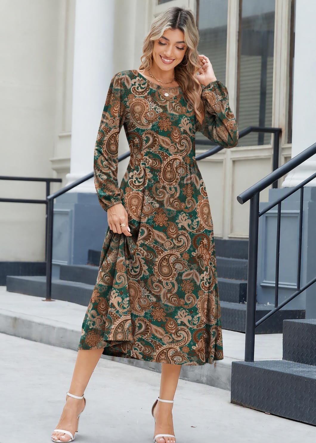 image:imageZeagoo Long Sleeve Dresses for Women 2026 Fall Winter Casual Flowy ALine Boho Midi Party Long Dress with PocketsDark Teal Paisley
