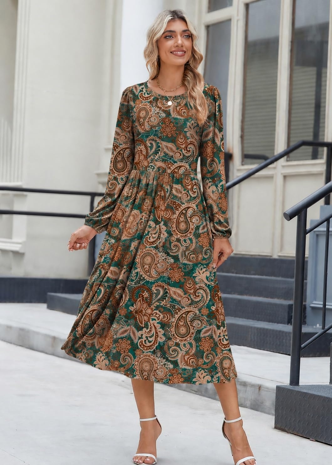 image:imageZeagoo Long Sleeve Dresses for Women 2026 Fall Winter Casual Flowy ALine Boho Midi Party Long Dress with PocketsDark Teal Paisley