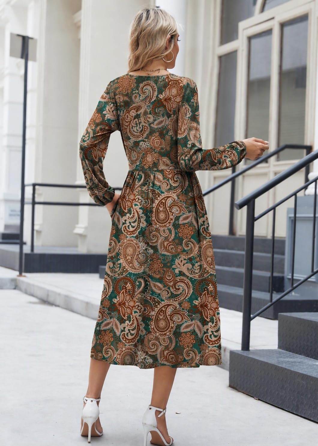 image:imageZeagoo Long Sleeve Dresses for Women 2026 Fall Winter Casual Flowy ALine Boho Midi Party Long Dress with PocketsDark Teal Paisley