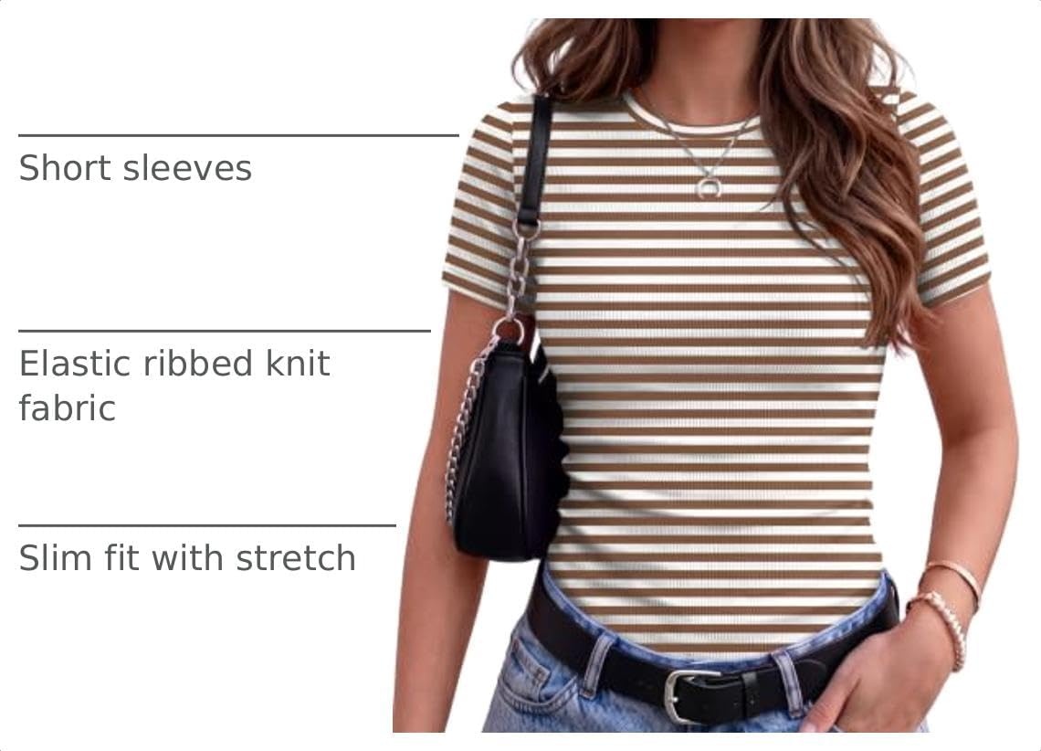 image:imageZeagoo Womens Ribbed Short Sleeve Tops Crewneck Stretch Basic Tshirt S2XLBrown Stripe
