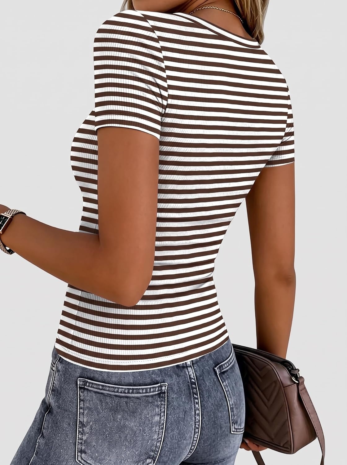 image:imageZeagoo Womens Ribbed Short Sleeve Tops Crewneck Stretch Basic Tshirt S2XLDark Brown Stripe