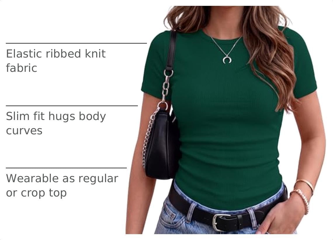 image:imageZeagoo Womens Ribbed Short Sleeve Tops Crewneck Stretch Basic Tshirt S2XLDark Green