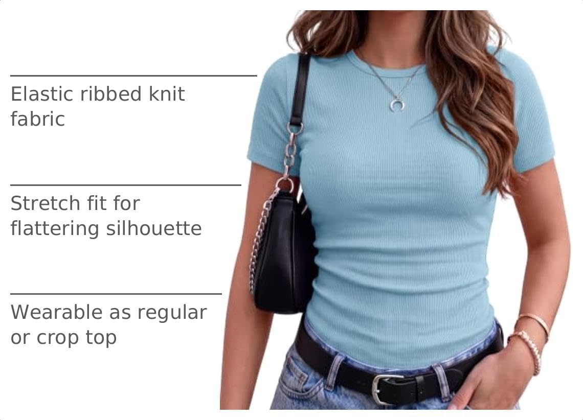 image:imageZeagoo Womens Ribbed Short Sleeve Tops Crewneck Stretch Basic Tshirt S2XLLight Blue