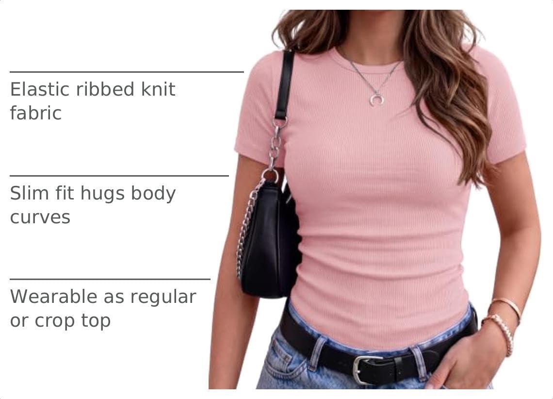 image:imageZeagoo Womens Ribbed Short Sleeve Tops Crewneck Stretch Basic Tshirt S2XLPink
