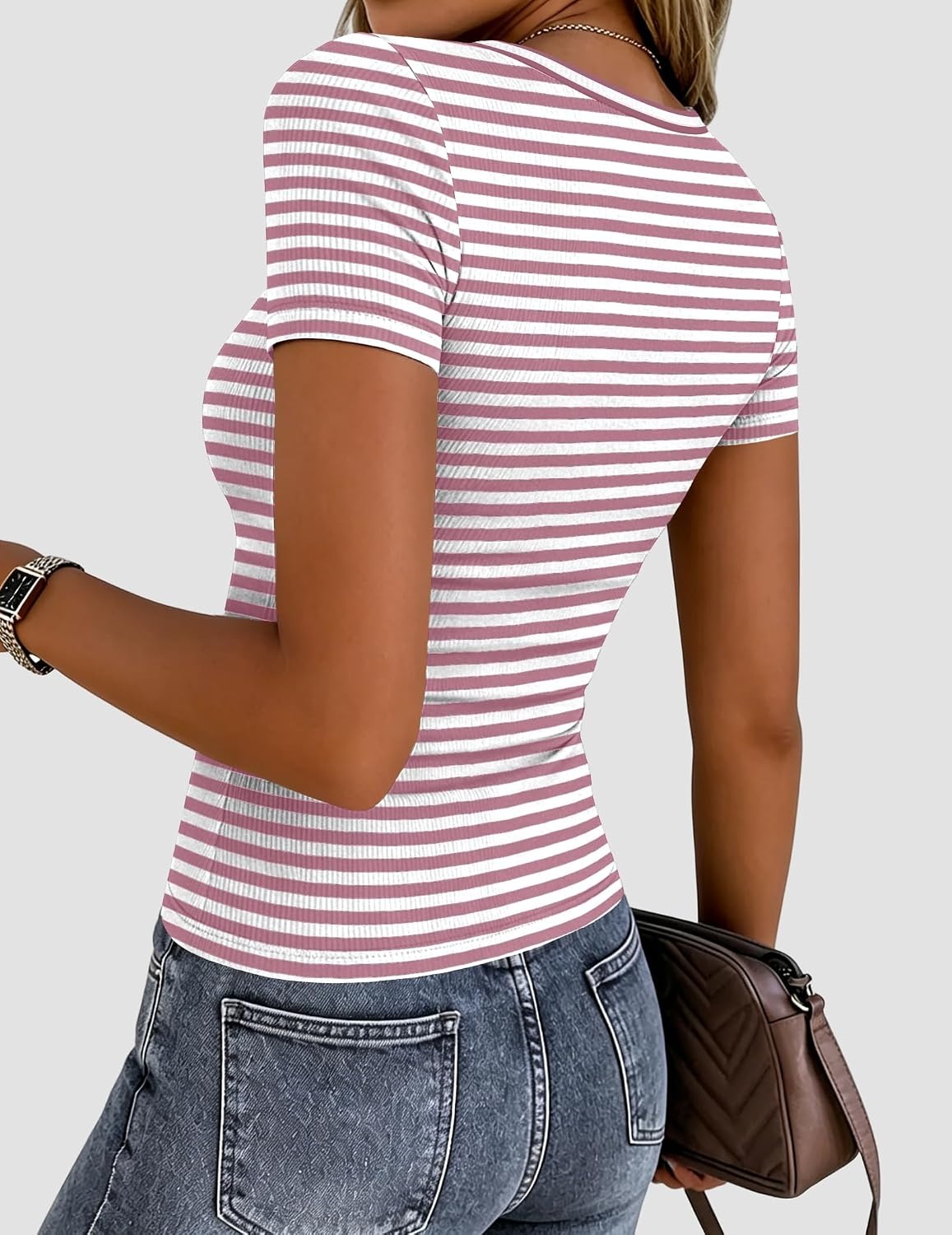image:imageZeagoo Womens Ribbed Short Sleeve Tops Crewneck Stretch Basic Tshirt S2XLPink Stripe