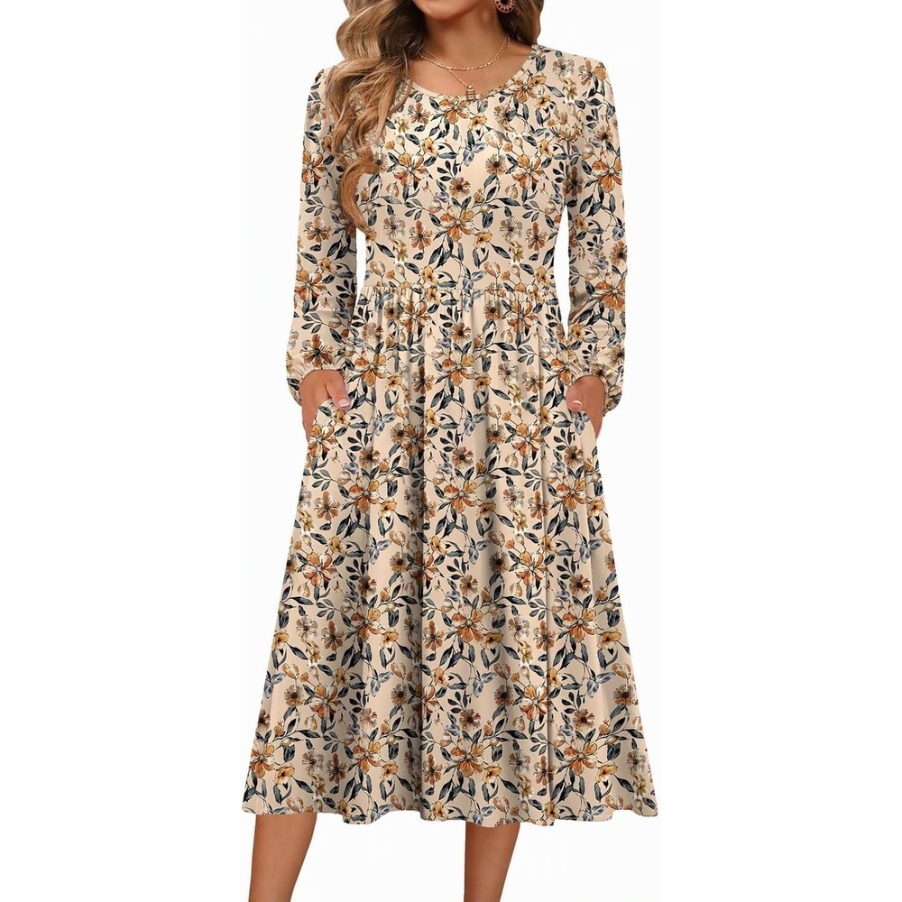 image:imageZeagoo Long Sleeve Dresses for Women 2026 Fall Winter Casual Flowy ALine Boho Midi Party Long Dress with PocketsApricot Floral