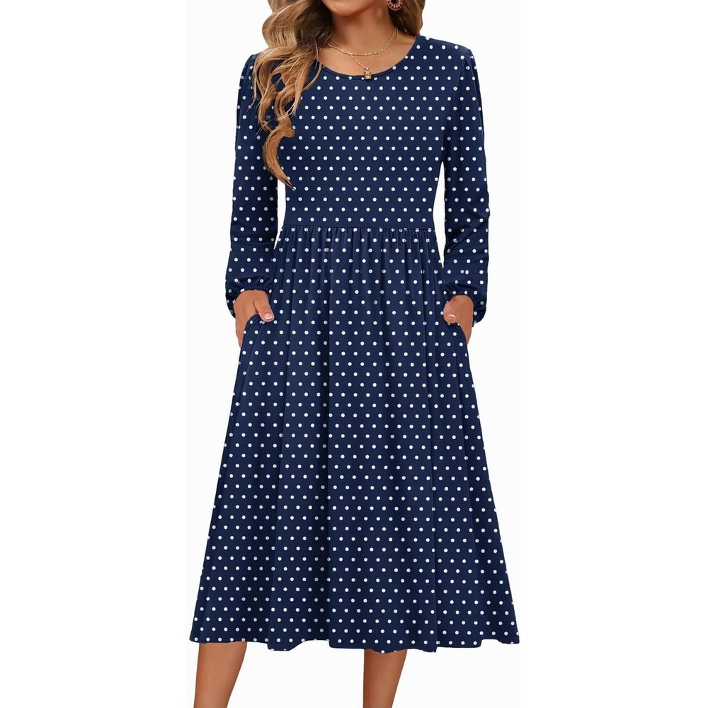 image:imageZeagoo Long Sleeve Dresses for Women 2026 Fall Winter Casual Flowy ALine Boho Midi Party Long Dress with PocketsNavy Round Dot