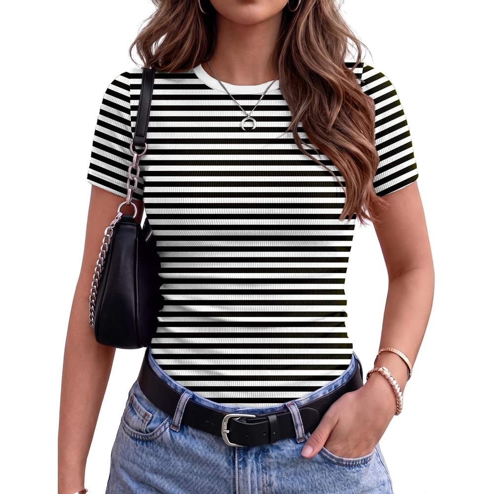 image:imageZeagoo Womens Ribbed Short Sleeve Tops Crewneck Stretch Basic Tshirt S2XLBlack Stripe