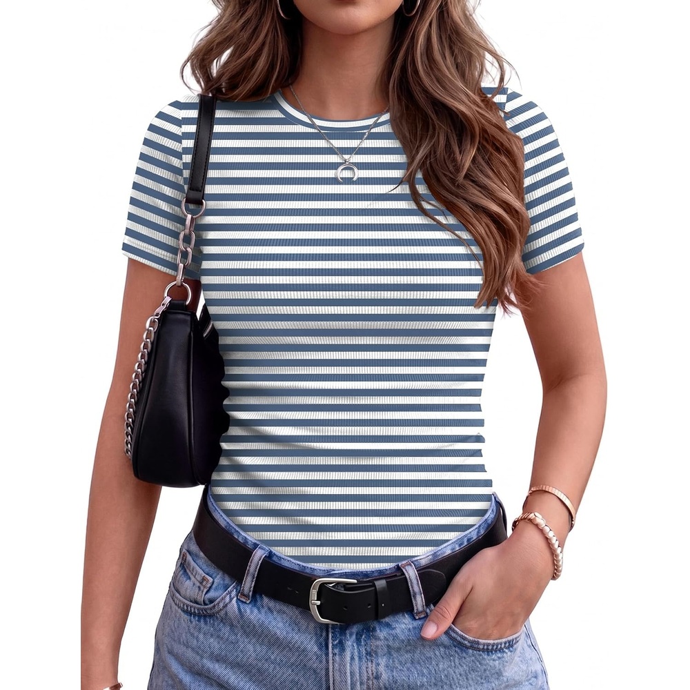 image:imageZeagoo Womens Ribbed Short Sleeve Tops Crewneck Stretch Basic Tshirt S2XLBlue Stripe