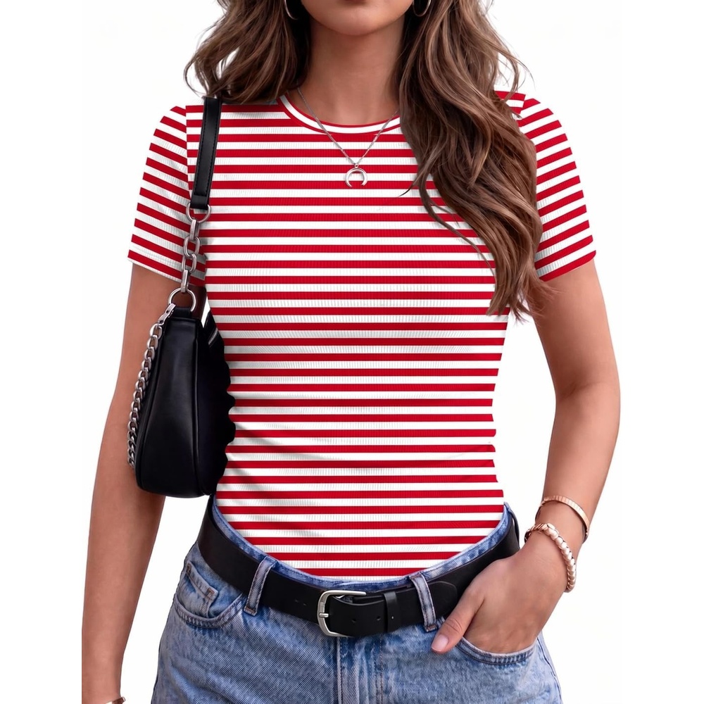 image:imageZeagoo Womens Ribbed Short Sleeve Tops Crewneck Stretch Basic Tshirt S2XLRed Stripe
