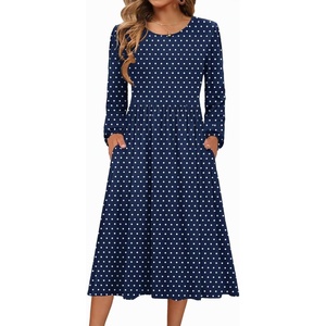 Zeagoo Long Sleeve Dresses for Women 2026 Fall Winter Casual Flowy A-Line Boho Midi Party Long Dress with Pockets(Navy Round Dot)