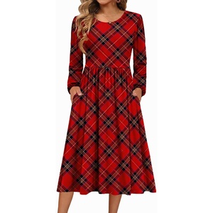 Zeagoo Long Sleeve Dresses for Women 2026 Fall Winter Casual Flowy A-Line Boho Midi Party Long Dress with Pockets(Wine Red Plaid)