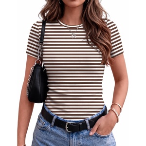 Zeagoo Women’s Ribbed Short Sleeve Tops Crewneck Stretch Basic Tshirt S-2XL(Dark Brown Stripe)