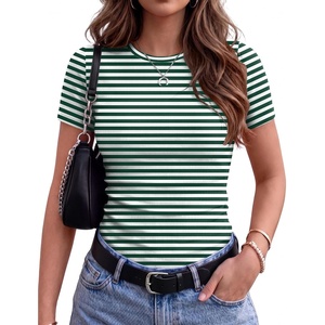 Zeagoo Women’s Ribbed Short Sleeve Tops Crewneck Stretch Basic Tshirt S-2XL(Green Stripe)