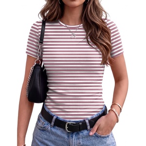 Zeagoo Women’s Ribbed Short Sleeve Tops Crewneck Stretch Basic Tshirt S-2XL(Pink Stripe)