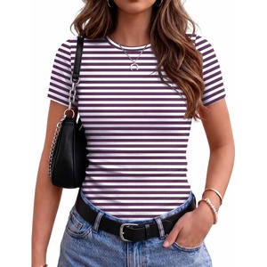 Zeagoo Women’s Ribbed Short Sleeve Tops Crewneck Stretch Basic Tshirt S-2XL(Purple Stripe)
