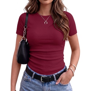 Zeagoo Women’s Ribbed Short Sleeve Tops Crewneck Stretch Basic Tshirt S-2XL(Wine Red)